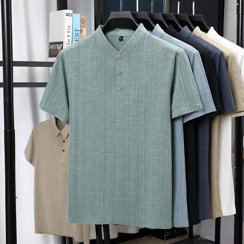 Summer Clothing Men Linen - Heren overhemden met mandarijnkraag, halve knoopsluiting,