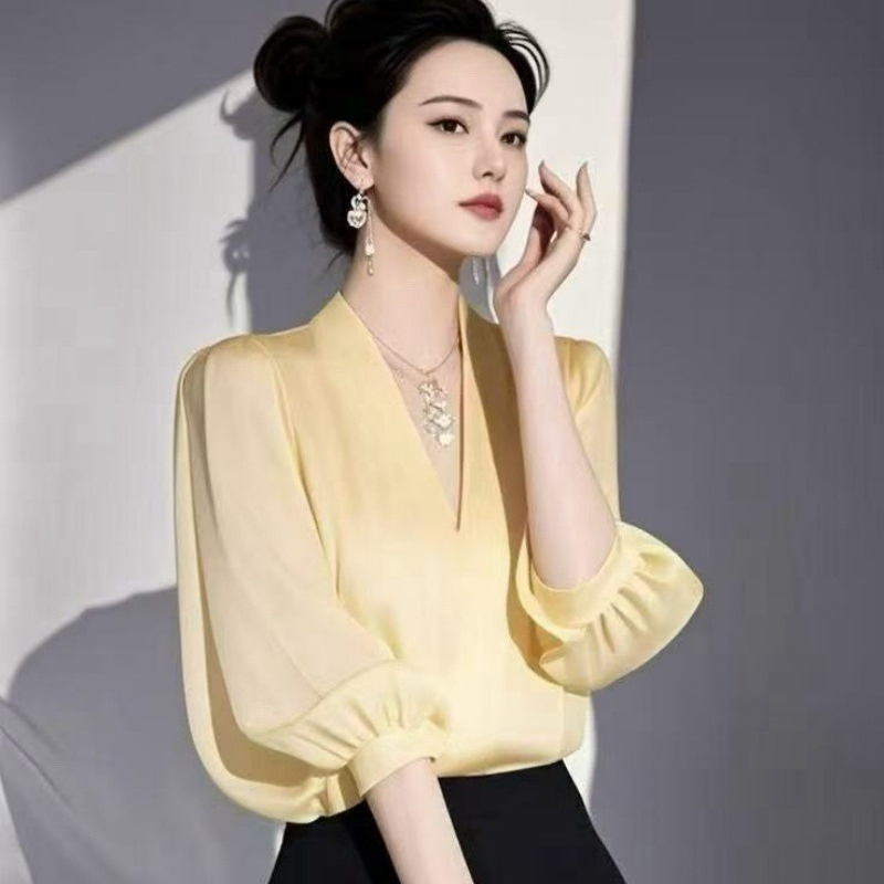 Yellow Summer Clothing - Vintage damesblouses chiffon shirts mode slanke
