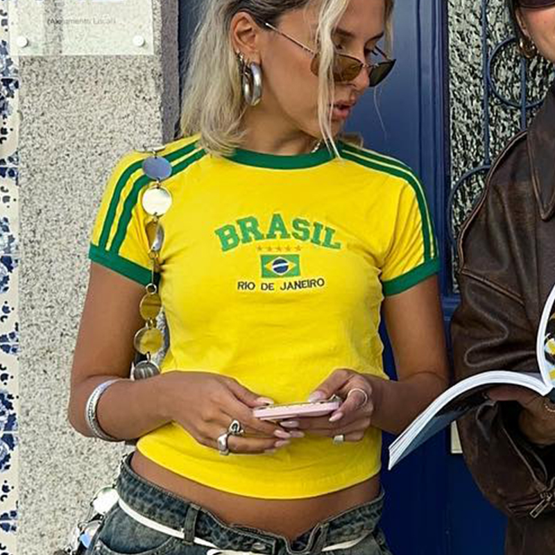 Yellow Summer Clothing - Brasil Letter Graphics Print Goth Y