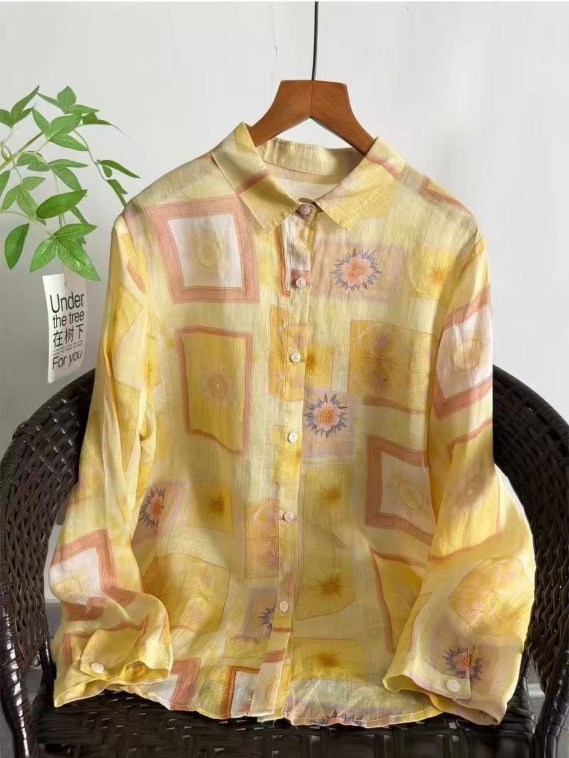 Yellow Summer Clothing - 100% Ramie Shirt Lente Herfst Originele