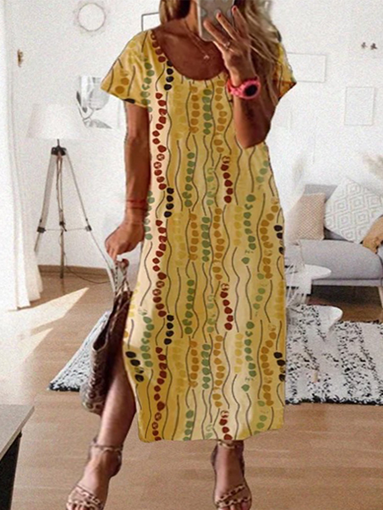 Yellow Summer Clothing - Plus size gele midi-jurk met print,