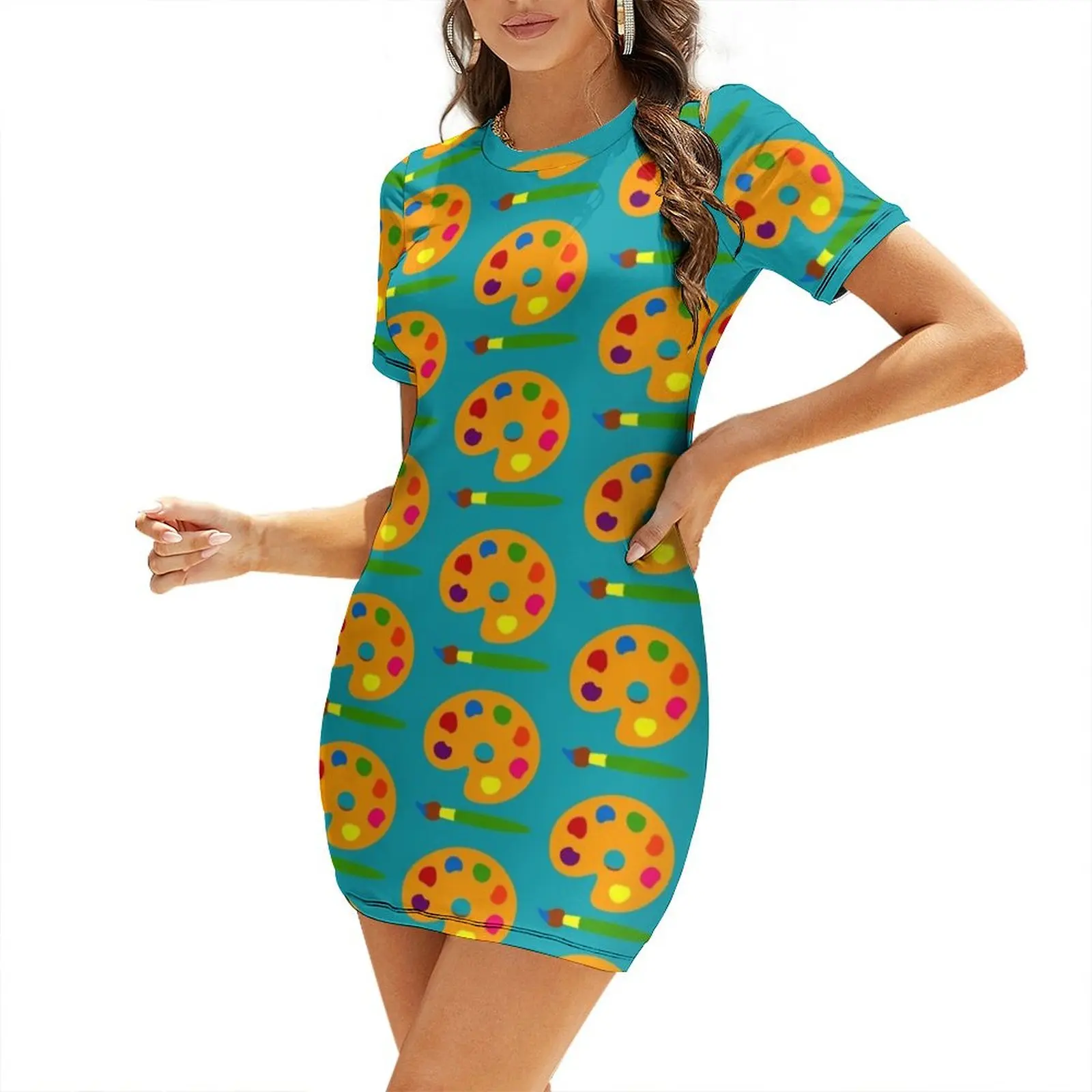 Summer Clothing Color Palette - Kleurrijk verfpalette Jurk met korte mouwen
