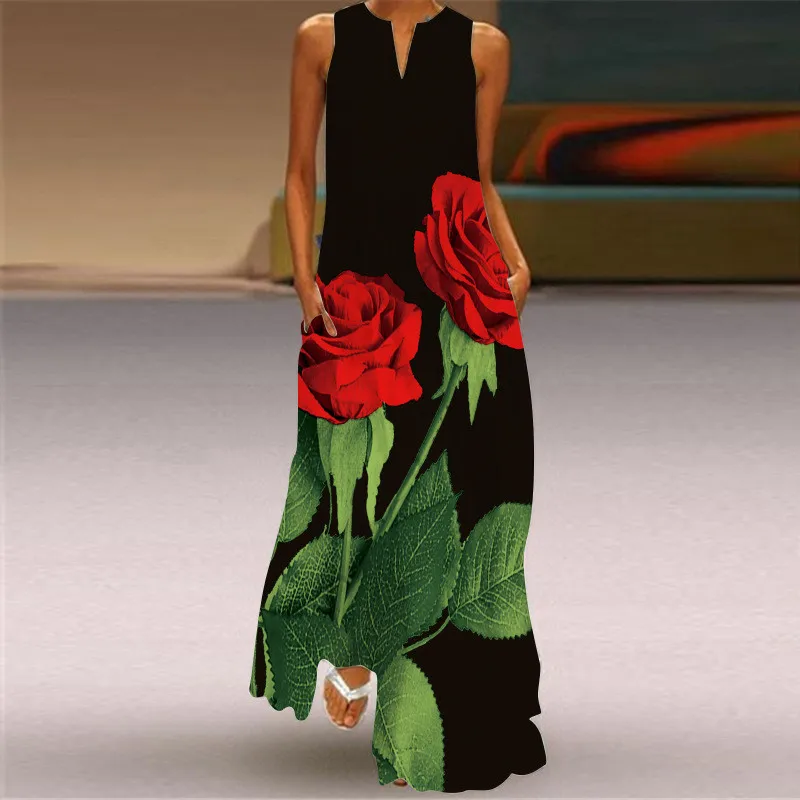 Rode Roos Print Lange Jurk Voo - Summer Rose Clothing recensie en prijs